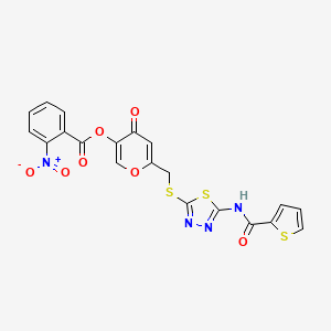molecular formula C20H12N4O7S3 B2405497 4-oxo-6-(((5-(thiophene-2-carboxamido)-1,3,4-thiadiazol-2-yl)thio)methyl)-4H-pyran-3-yl 2-nitrobenzoate CAS No. 877643-29-3
