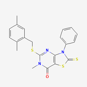 molecular formula C21H19N3OS3 B2405506 5-((2,5-dimethylbenzyl)thio)-6-methyl-3-phenyl-2-thioxo-2,3-dihydrothiazolo[4,5-d]pyrimidin-7(6H)-one CAS No. 1114633-96-3