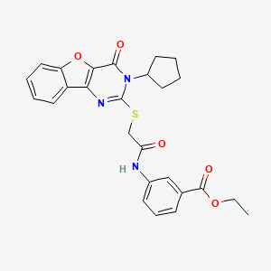 molecular formula C26H25N3O5S B2405571 Ethyl 3-({[(3-cyclopentyl-4-oxo-3,4-dihydro[1]benzofuro[3,2-d]pyrimidin-2-yl)sulfanyl]acetyl}amino)benzoate CAS No. 923194-13-2