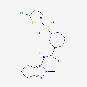 molecular formula C17H21ClN4O3S2 B2405572 1-((5-chlorothiophen-2-yl)sulfonyl)-N-(2-methyl-2,4,5,6-tetrahydrocyclopenta[c]pyrazol-3-yl)piperidine-3-carboxamide CAS No. 1105222-49-8