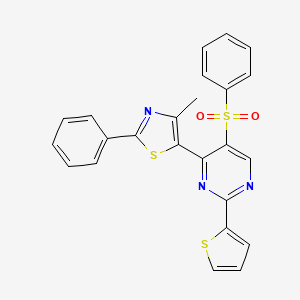 molecular formula C24H17N3O2S3 B2405605 4-(4-甲基-2-苯基-1,3-噻唑-5-基)-5-(苯磺酰基)-2-(2-噻吩基)嘧啶 CAS No. 866017-83-6