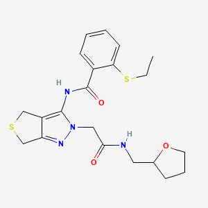 molecular formula C21H26N4O3S2 B2405624 2-(ethylthio)-N-(2-(2-oxo-2-(((tetrahydrofuran-2-yl)methyl)amino)ethyl)-4,6-dihydro-2H-thieno[3,4-c]pyrazol-3-yl)benzamide CAS No. 1105250-68-7