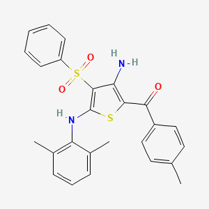molecular formula C26H24N2O3S2 B2405631 (3-Amino-5-((2,6-dimethylphenyl)amino)-4-(phenylsulfonyl)thiophen-2-yl)(p-tolyl)methanone CAS No. 890817-91-1