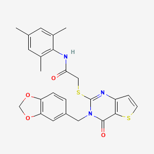 2-((3-(benzo[d][1,3]dioxol-5-ylmethyl)-4-oxo-3,4-dihydrothieno[3,2-d]pyrimidin-2-yl)thio)-N-mesitylacetamide