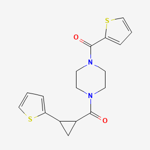 molecular formula C17H18N2O2S2 B2405743 Thiophen-2-yl(4-(2-(thiophen-2-yl)cyclopropanecarbonyl)piperazin-1-yl)methanone CAS No. 1208804-16-3