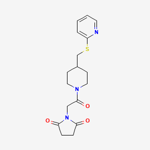molecular formula C17H21N3O3S B2405772 1-(2-氧代-2-(4-((吡啶-2-基硫代)甲基)哌啶-1-基)乙基)吡咯烷-2,5-二酮 CAS No. 1421500-46-0
