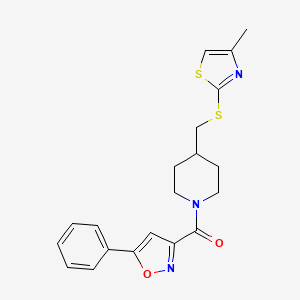 molecular formula C20H21N3O2S2 B2405864 (4-(((4-Methylthiazol-2-yl)thio)methyl)piperidin-1-yl)(5-phenylisoxazol-3-yl)methanone CAS No. 1421469-14-8