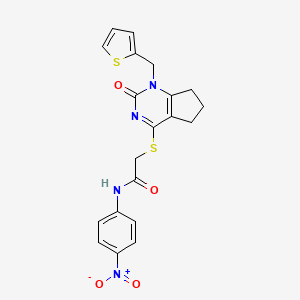 molecular formula C20H18N4O4S2 B2405866 N-(4-nitrophenyl)-2-((2-oxo-1-(thiophen-2-ylmethyl)-2,5,6,7-tetrahydro-1H-cyclopenta[d]pyrimidin-4-yl)thio)acetamide CAS No. 941896-00-0