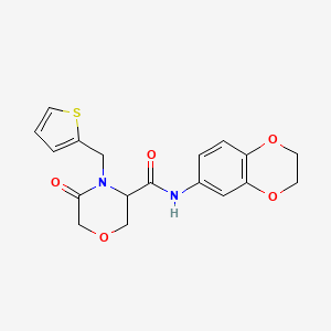 molecular formula C18H18N2O5S B2405895 N-(2,3-dihydrobenzo[b][1,4]dioxin-6-yl)-5-oxo-4-(thiophen-2-ylmethyl)morpholine-3-carboxamide CAS No. 1421448-83-0