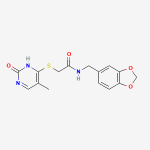 molecular formula C15H15N3O4S B2405898 N-(benzo[d][1,3]dioxol-5-ylmethyl)-2-((5-methyl-2-oxo-1,2-dihydropyrimidin-4-yl)thio)acetamide CAS No. 898445-84-6