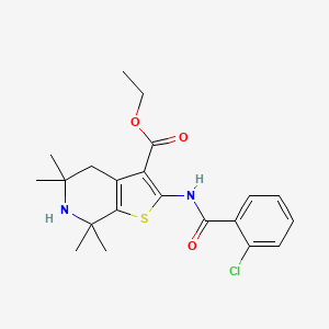 molecular formula C21H25ClN2O3S B2405899 Ethyl 2-[(2-chlorobenzoyl)amino]-5,5,7,7-tetramethyl-4,6-dihydrothieno[2,3-c]pyridine-3-carboxylate CAS No. 896680-23-2
