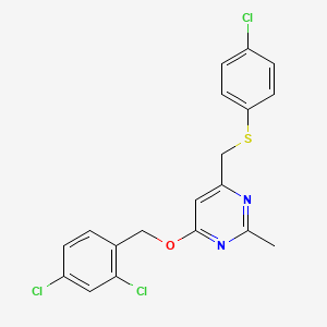 molecular formula C19H15Cl3N2OS B2405905 4-(((4-Chlorophenyl)sulfanyl)methyl)-6-((2,4-dichlorobenzyl)oxy)-2-methylpyrimidine CAS No. 338960-39-7
