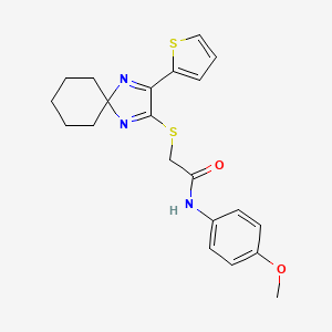 molecular formula C21H23N3O2S2 B2405915 N-(4-methoxyphenyl)-2-((3-(thiophen-2-yl)-1,4-diazaspiro[4.5]deca-1,3-dien-2-yl)thio)acetamide CAS No. 1223984-91-5