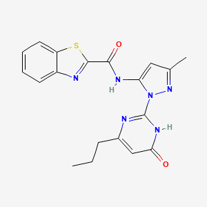 molecular formula C19H18N6O2S B2405956 N-(3-methyl-1-(6-oxo-4-propyl-1,6-dihydropyrimidin-2-yl)-1H-pyrazol-5-yl)benzo[d]thiazole-2-carboxamide CAS No. 1210726-76-3