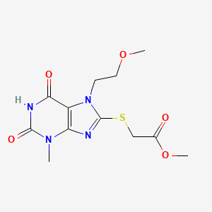 molecular formula C12H16N4O5S B2405977 Methyl 2-[7-(2-methoxyethyl)-3-methyl-2,6-dioxopurin-8-yl]sulfanylacetate CAS No. 333769-01-0