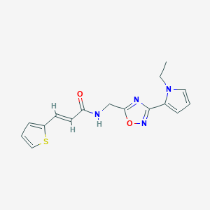molecular formula C16H16N4O2S B2406045 (E)-N-((3-(1-ethyl-1H-pyrrol-2-yl)-1,2,4-oxadiazol-5-yl)methyl)-3-(thiophen-2-yl)acrylamide CAS No. 2035019-32-8