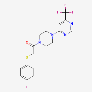 molecular formula C17H16F4N4OS B2406058 2-((4-氟苯基)硫代)-1-(4-(6-(三氟甲基)嘧啶-4-基)哌嗪-1-基)乙酮 CAS No. 2034440-07-6