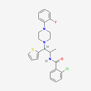 molecular formula C24H25ClFN3OS B2406071 2-氯-N-{1-[4-(2-氟苯基)哌嗪-1-基]-1-(噻吩-2-基)丙-2-基}苯甲酰胺 CAS No. 1321794-02-8