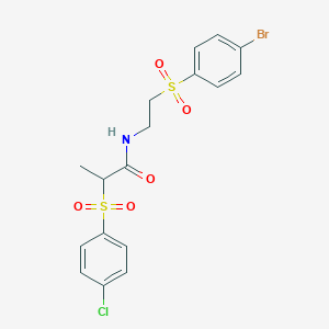 molecular formula C17H17BrClNO5S2 B2406072 N-{2-[(4-bromophenyl)sulfonyl]ethyl}-2-[(4-chlorophenyl)sulfonyl]propanamide CAS No. 337923-67-8