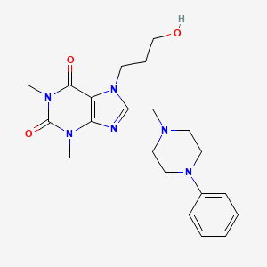 molecular formula C21H28N6O3 B2406129 7-(3-Hydroxypropyl)-1,3-dimethyl-8-[(4-phenylpiperazin-1-yl)methyl]purine-2,6-dione CAS No. 851941-47-4