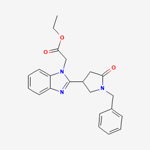 molecular formula C22H23N3O3 B2406142 Ethyl 2-{2-[5-oxo-1-benzylpyrrolidin-3-yl]benzimidazolyl}acetate CAS No. 887347-87-7