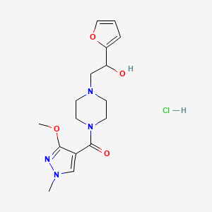 molecular formula C16H23ClN4O4 B2406172 (4-(2-(furan-2-yl)-2-hydroxyethyl)piperazin-1-yl)(3-methoxy-1-methyl-1H-pyrazol-4-yl)methanone hydrochloride CAS No. 1396882-00-0