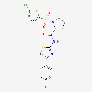 molecular formula C18H15ClFN3O3S3 B2406247 1-((5-氯噻吩-2-基)磺酰基)-N-(4-(4-氟苯基)噻唑-2-基)吡咯烷-2-甲酰胺 CAS No. 1101176-49-1