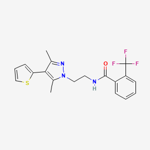 molecular formula C19H18F3N3OS B2406260 N-(2-(3,5-二甲基-4-(噻吩-2-基)-1H-吡唑-1-基)乙基)-2-(三氟甲基)苯甲酰胺 CAS No. 2034372-99-9