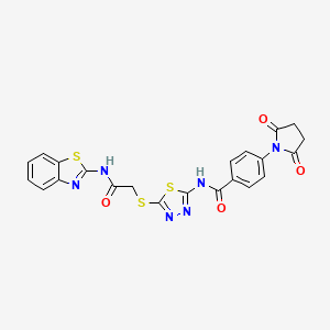 molecular formula C22H16N6O4S3 B2406369 N-(5-((2-(benzo[d]thiazol-2-ylamino)-2-oxoethyl)thio)-1,3,4-thiadiazol-2-yl)-4-(2,5-dioxopyrrolidin-1-yl)benzamide CAS No. 389073-28-3