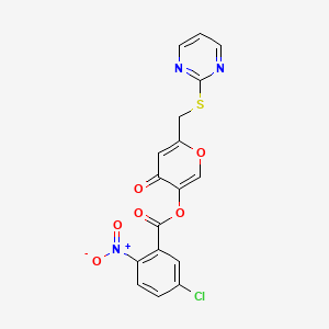 molecular formula C17H10ClN3O6S B2406456 4-oxo-6-((pyrimidin-2-ylthio)methyl)-4H-pyran-3-yl 5-chloro-2-nitrobenzoate CAS No. 877636-51-6