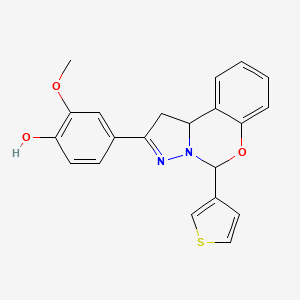 molecular formula C21H18N2O3S B2406479 2-甲氧基-4-(5-(噻吩-3-基)-5,10b-二氢-1H-苯并[e]吡唑并[1,5-c][1,3]噁嗪-2-基)苯酚 CAS No. 899746-15-7