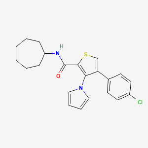 molecular formula C22H23ClN2OS B2406504 4-(4-chlorophenyl)-N-cycloheptyl-3-(1H-pyrrol-1-yl)thiophene-2-carboxamide CAS No. 1291840-10-2