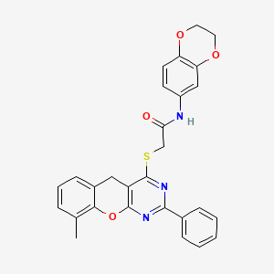 molecular formula C28H23N3O4S B2406513 N-(2,3-dihydrobenzo[b][1,4]dioxin-6-yl)-2-((9-methyl-2-phenyl-5H-chromeno[2,3-d]pyrimidin-4-yl)thio)acetamide CAS No. 872206-67-2