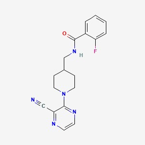 molecular formula C18H18FN5O B2406551 N-((1-(3-cyanopyrazin-2-yl)piperidin-4-yl)methyl)-2-fluorobenzamide CAS No. 1797575-41-7