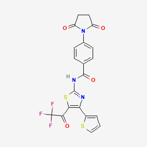 molecular formula C20H12F3N3O4S2 B2406642 4-(2,5-dioxopyrrolidin-1-yl)-N-(4-(thiophen-2-yl)-5-(2,2,2-trifluoroacetyl)thiazol-2-yl)benzamide CAS No. 329905-74-0