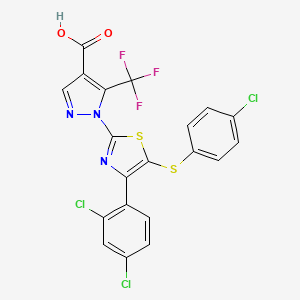 molecular formula C20H9Cl3F3N3O2S2 B2406650 1-[5-[(4-氯苯基)硫烷基]-4-(2,4-二氯苯基)-1,3-噻唑-2-基]-5-(三氟甲基)-1H-吡唑-4-羧酸 CAS No. 956729-65-0