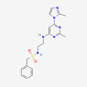 molecular formula C18H22N6O2S B2406682 N-(2-((2-甲基-6-(2-甲基-1H-咪唑-1-基)嘧啶-4-基)氨基)乙基)-1-苯甲磺酰胺 CAS No. 1203118-20-0