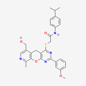 molecular formula C30H30N4O4S B2406735 2-((6-(羟甲基)-2-(3-甲氧基苯基)-9-甲基-5H-吡啶并[4',3':5,6]吡喃并[2,3-d]嘧啶-4-基)硫代)-N-(4-异丙基苯基)乙酰胺 CAS No. 892386-56-0