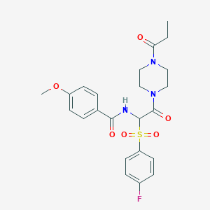 molecular formula C23H26FN3O6S B2406838 N-(1-((4-氟苯基)磺酰基)-2-氧代-2-(4-丙酰哌嗪-1-基)乙基)-4-甲氧基苯甲酰胺 CAS No. 1025033-16-2