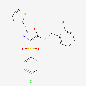 molecular formula C20H13ClFNO3S3 B2406855 4-((4-Chlorophenyl)sulfonyl)-5-((2-fluorobenzyl)thio)-2-(thiophen-2-yl)oxazole CAS No. 850928-19-7