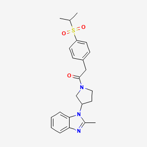 molecular formula C23H27N3O3S B2406876 2-(4-(isopropylsulfonyl)phenyl)-1-(3-(2-methyl-1H-benzo[d]imidazol-1-yl)pyrrolidin-1-yl)ethanone CAS No. 2034385-27-6