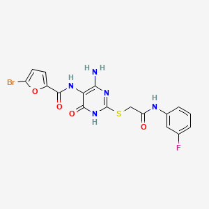 molecular formula C17H13BrFN5O4S B2406878 N-(4-amino-2-((2-((3-fluorophenyl)amino)-2-oxoethyl)thio)-6-oxo-1,6-dihydropyrimidin-5-yl)-5-bromofuran-2-carboxamide CAS No. 888427-91-6