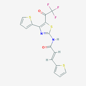 molecular formula C16H9F3N2O2S3 B2406910 (E)-3-(thiophen-2-yl)-N-(4-(thiophen-2-yl)-5-(2,2,2-trifluoroacetyl)thiazol-2-yl)acrylamide CAS No. 942359-39-9