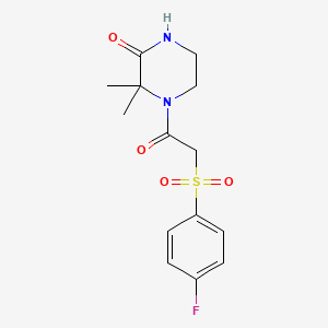 molecular formula C14H17FN2O4S B2406940 4-(2-((4-氟苯基)磺酰基)乙酰基)-3,3-二甲基哌嗪-2-酮 CAS No. 952886-75-8