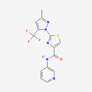 molecular formula C14H10F3N5OS B2406997 2-[3-methyl-5-(trifluoromethyl)-1H-pyrazol-1-yl]-N-(3-pyridinyl)-1,3-thiazole-4-carboxamide CAS No. 956754-10-2