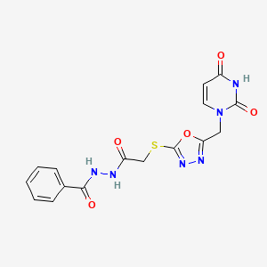 molecular formula C16H14N6O5S B2407007 N'-(2-((5-((2,4-dioxo-3,4-dihydropyrimidin-1(2H)-yl)methyl)-1,3,4-oxadiazol-2-yl)thio)acetyl)benzohydrazide CAS No. 1091462-70-2