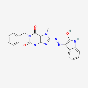 molecular formula C22H19N7O3 B2407008 (E)-1-benzyl-3,7-diméthyl-8-(2-(2-oxoindolin-3-ylidène)hydrazinyl)-1H-purine-2,6(3H,7H)-dione CAS No. 675196-77-7