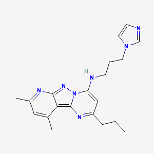 molecular formula C20H25N7 B2407166 N-[3-(1H-imidazol-1-yl)propyl]-8,10-dimethyl-2-propylpyrido[2',3':3,4]pyrazolo[1,5-a]pyrimidin-4-amine CAS No. 902047-58-9