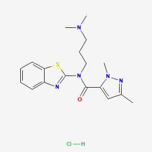 molecular formula C18H24ClN5OS B2407286 N-(benzo[d]thiazol-2-yl)-N-(3-(dimethylamino)propyl)-1,3-dimethyl-1H-pyrazole-5-carboxamide hydrochloride CAS No. 1215453-90-9