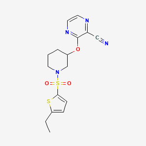 molecular formula C16H18N4O3S2 B2407440 3-((1-((5-乙硫吩-2-基)磺酰基)哌啶-3-基)氧基)吡嗪-2-甲腈 CAS No. 2034436-21-8